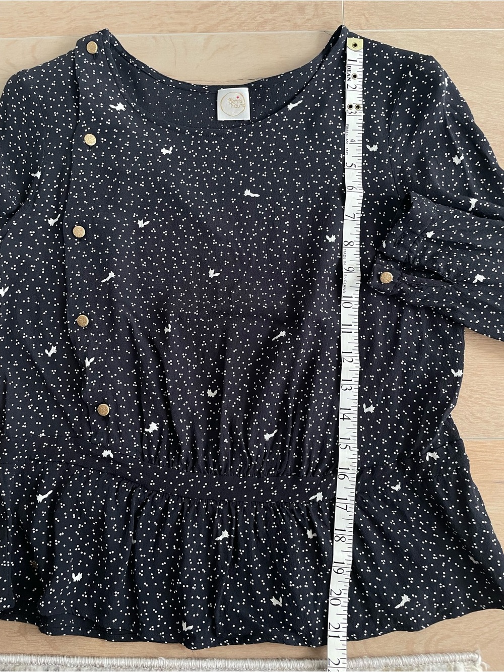 DES PETITS HAUTS Black Long Sleeve Peplum Button Top with White Micro Print - Picture 15 of 15